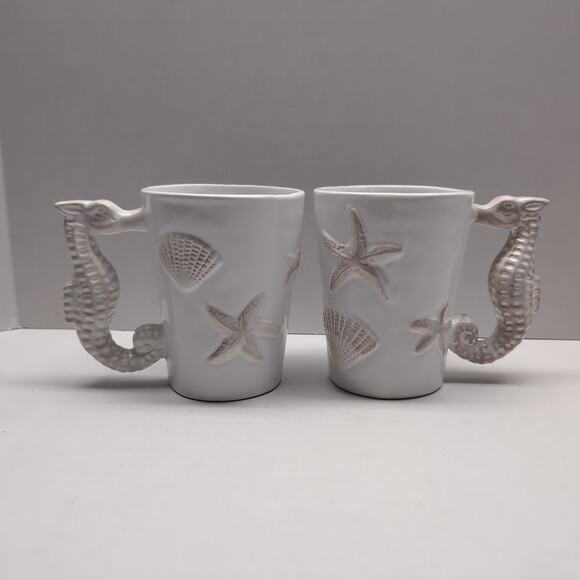 Pier 1 Imports Handpainted Earthenware Mug Seahorse Beach Sea Shell Nautical - Picture 1 of 8